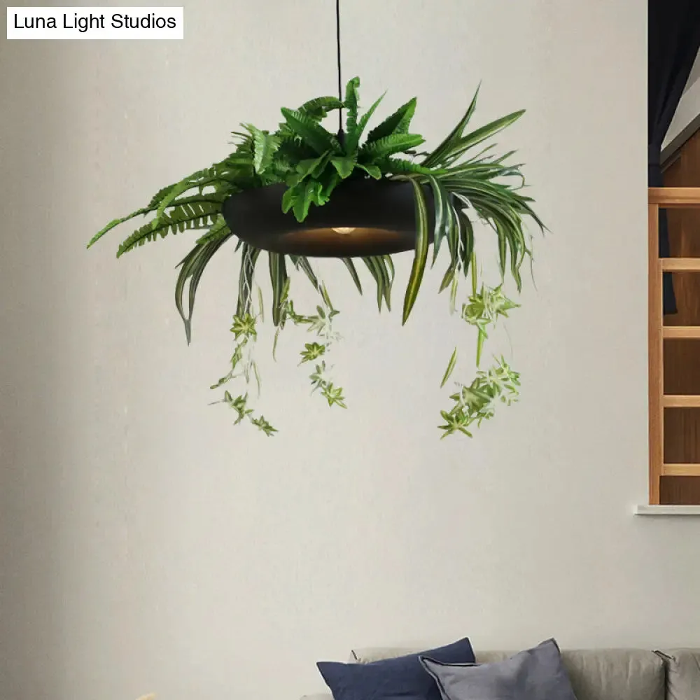 1-Head Green Metal Pendant Light Kit with Fern Plant Design - Ceiling Hang Fixture for Warehouse - Black Donut Included