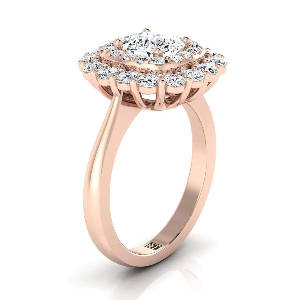 14K Rose Gold Cushion Diamond Double Halo Floral Sunburst Engagement Ring -1ctw