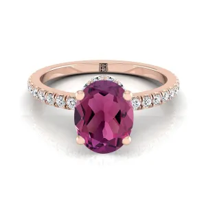 14K Rose Gold Oval Garnet Secret Diamond Halo French Pave Solitaire Engagement Ring -1/3ctw