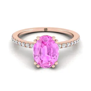 14K Rose Gold Oval Pink Sapphire Simple French Pave Double Claw Prong Diamond Engagement Ring -1/6ctw