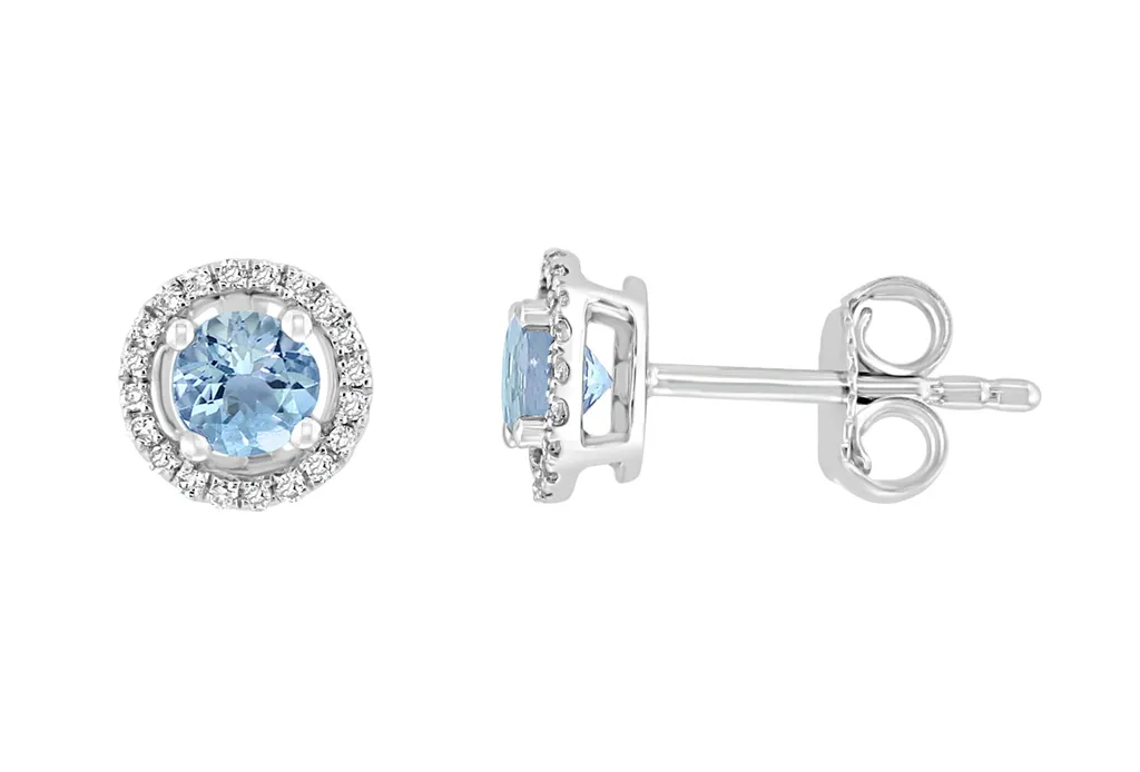 14K White Gold 0.53ctw Round Aquamarine & Diamond Halo Stud Earrings