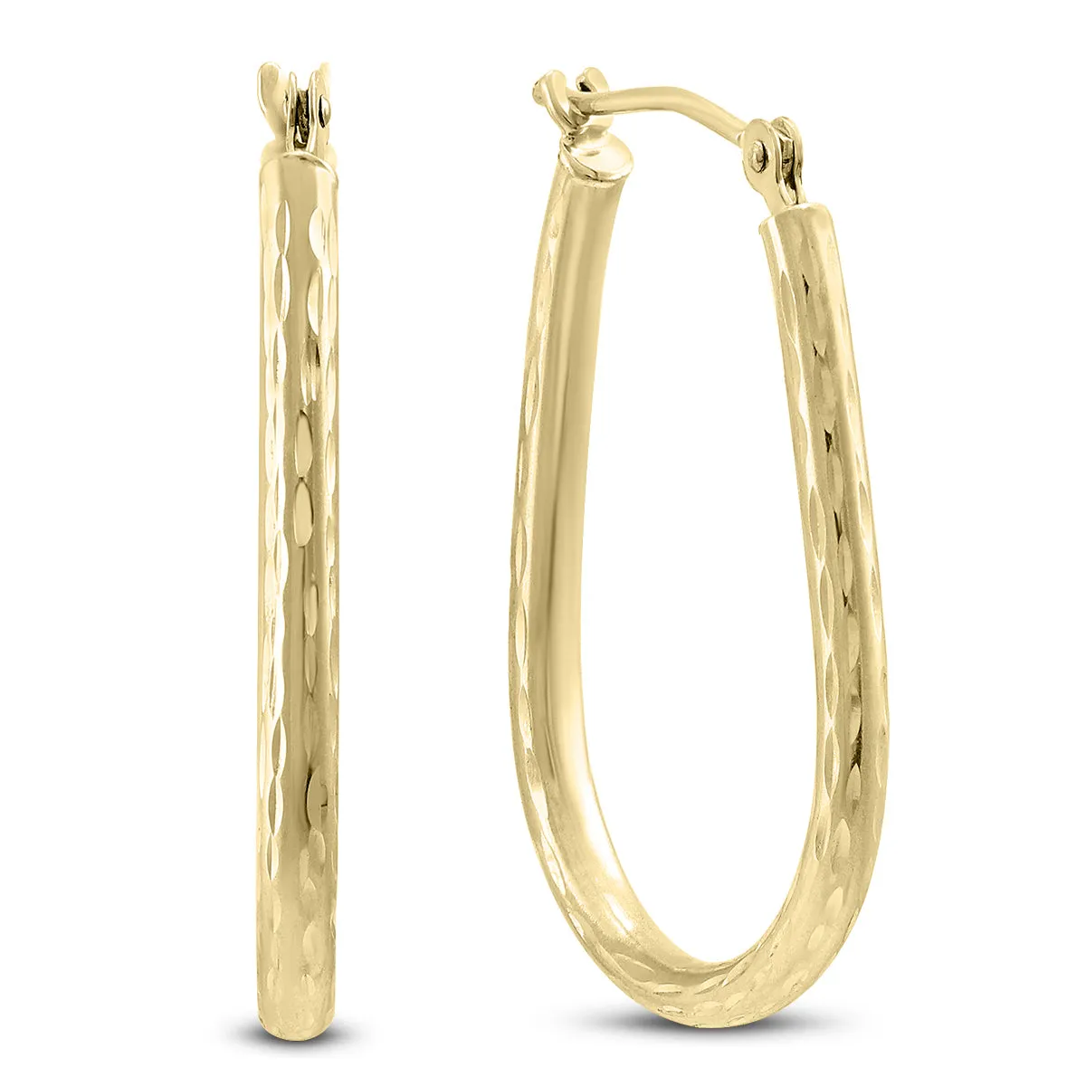 14K Yellow Gold Diamond Cut Engraved U Shaped Hoop Earrings