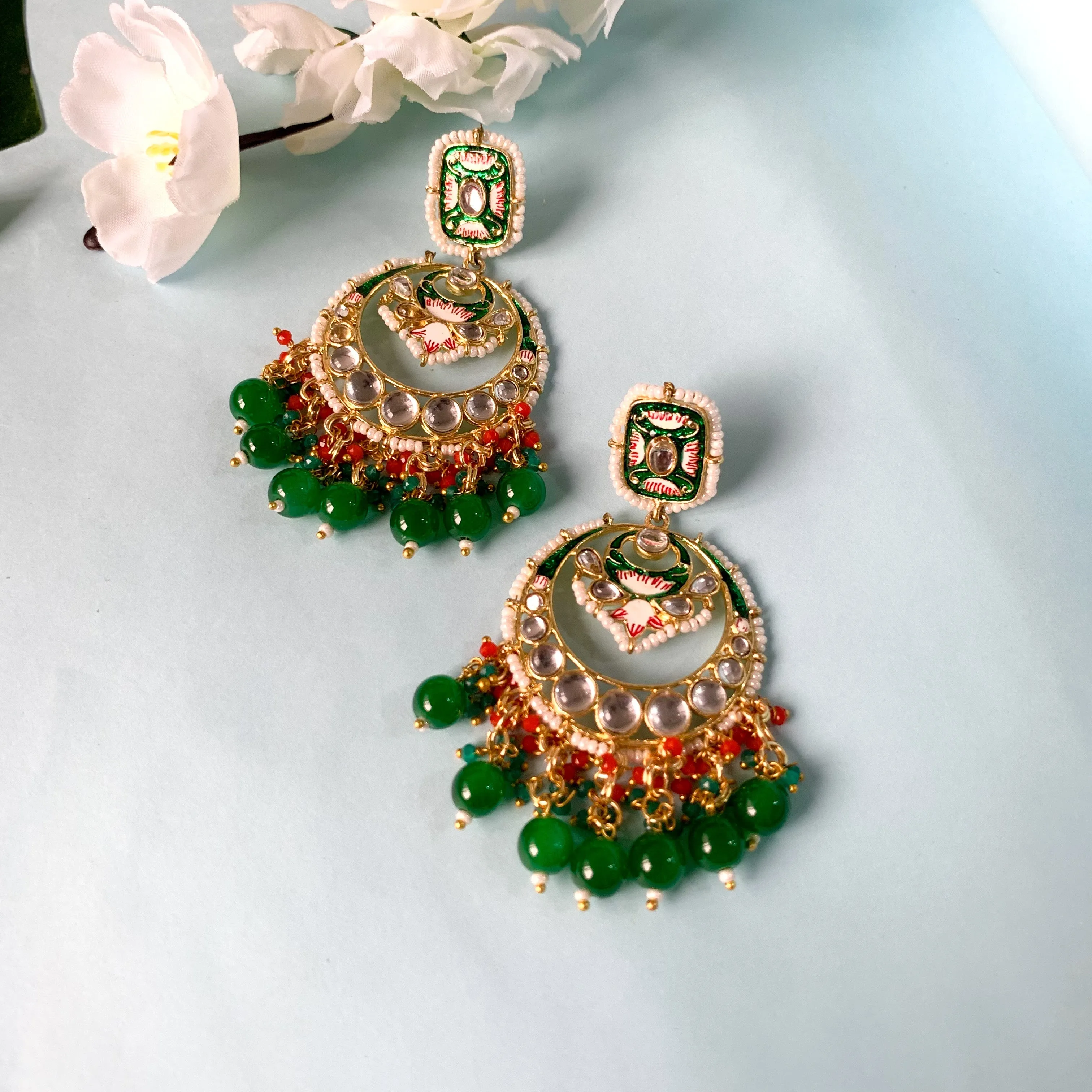 18K Gold Plated Traditional Meenakari Stone Studded Pearl Dangle Earrings For Women