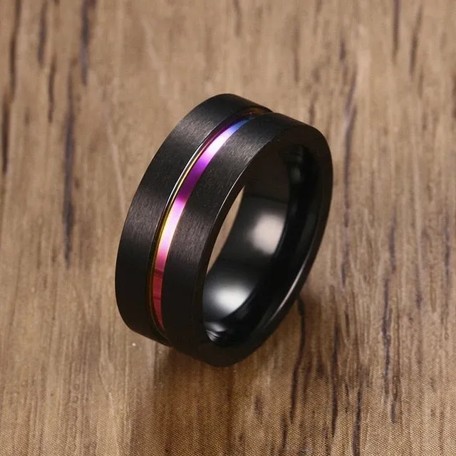 8mm Black Ring for Men Women Groove Stainless Steel Wedding Bands Trendy Fraternal Rings Casual Jewellery