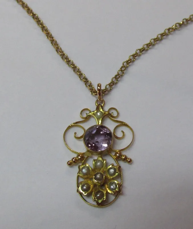 9ct Gold Amethyst Pearl Pendant