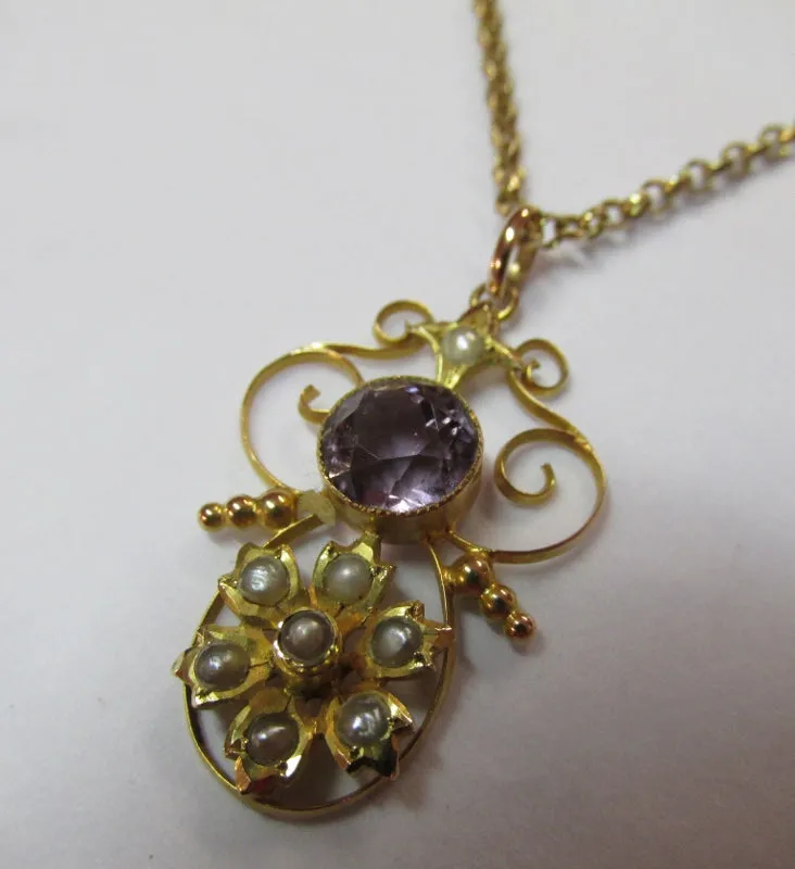 9ct Gold Amethyst Pearl Pendant