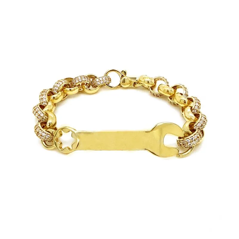 9K Yellow Gold CZ Wrench ID Bracelet /6"