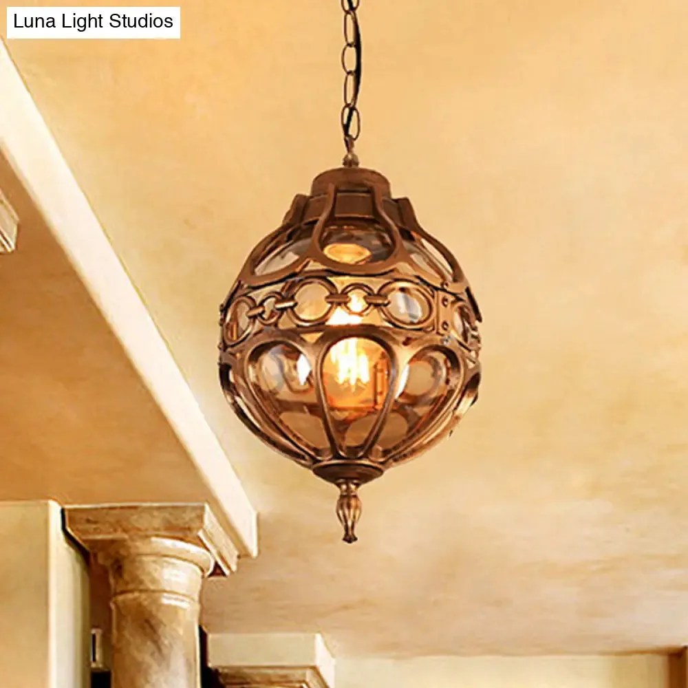 Amber Glass Hanging Pendant Light for Outdoor Balcony - Loft Sphere Design (1 Light, 7"/9" W) in Black/Bronze