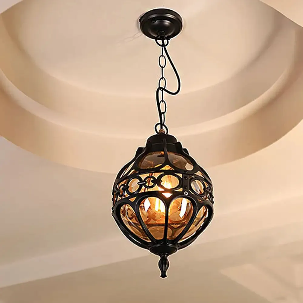 Amber Glass Hanging Pendant Light for Outdoor Balcony - Loft Sphere Design (1 Light, 7"/9" W) in Black/Bronze