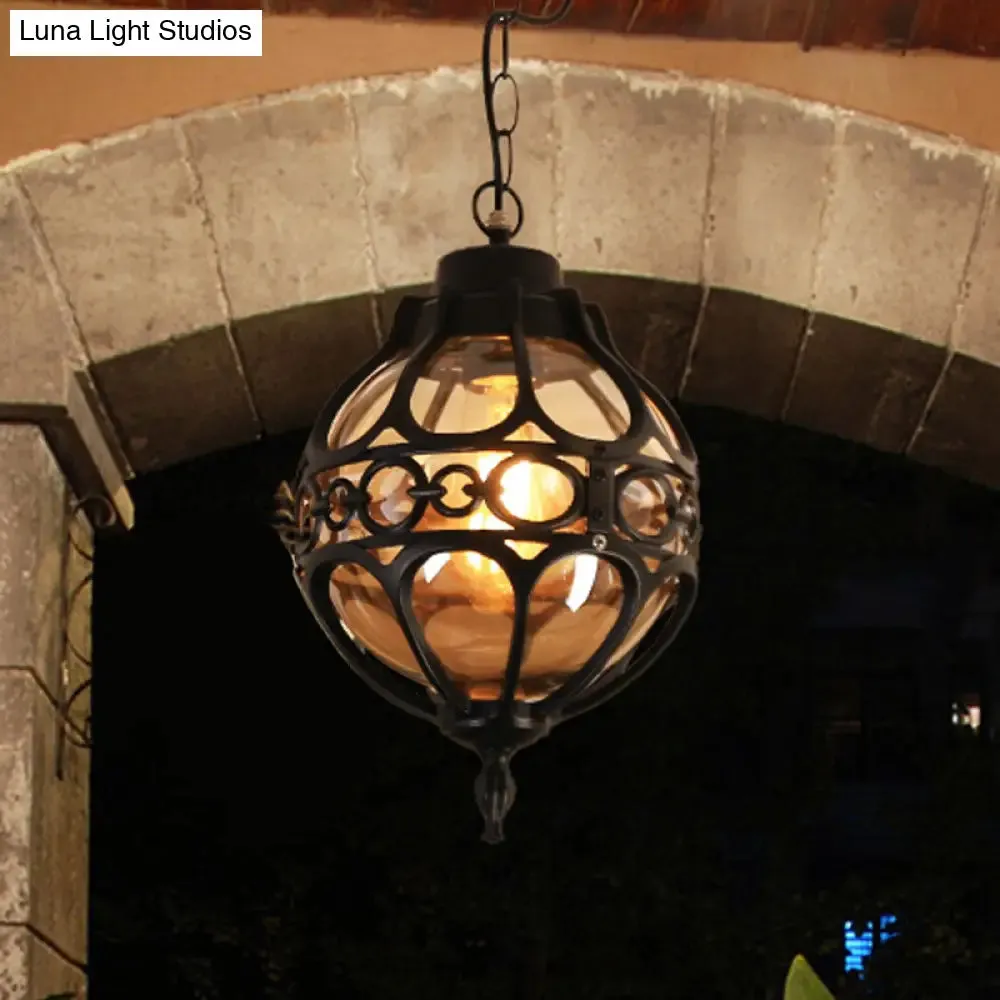 Amber Glass Hanging Pendant Light for Outdoor Balcony - Loft Sphere Design (1 Light, 7"/9" W) in Black/Bronze