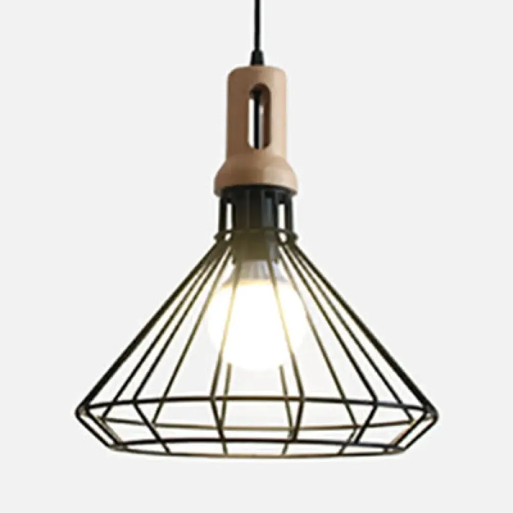 Antique Metal Wire Cage Pendant Lamp with Cone Shade for Living Room