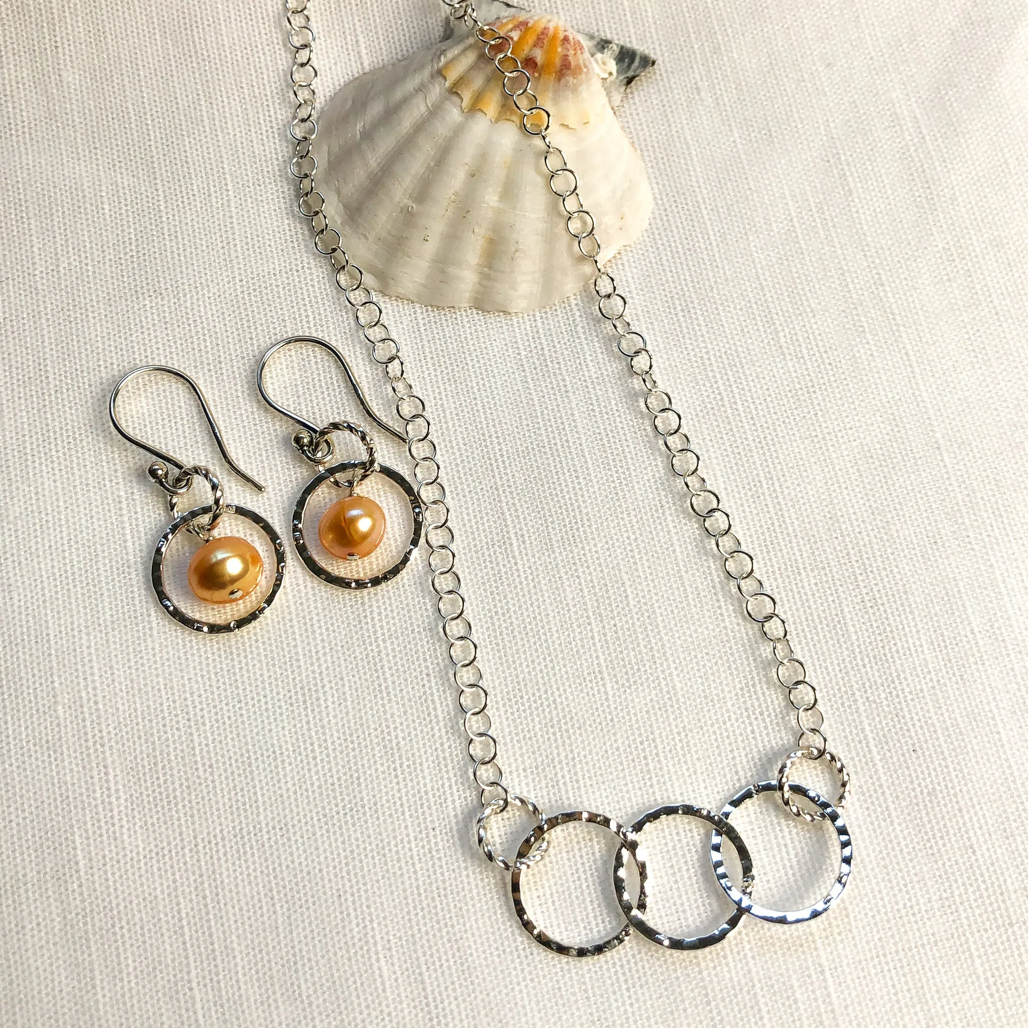 Apricot Pearl and Silver Hammered Round Earrings