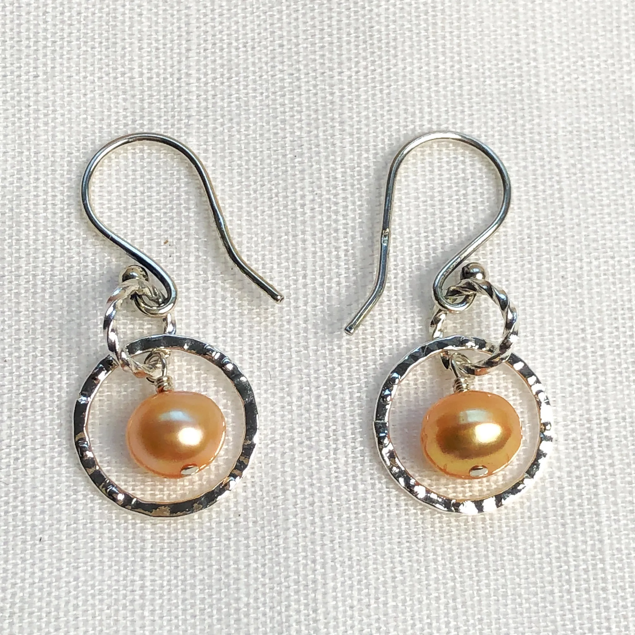 Apricot Pearl and Silver Hammered Round Earrings