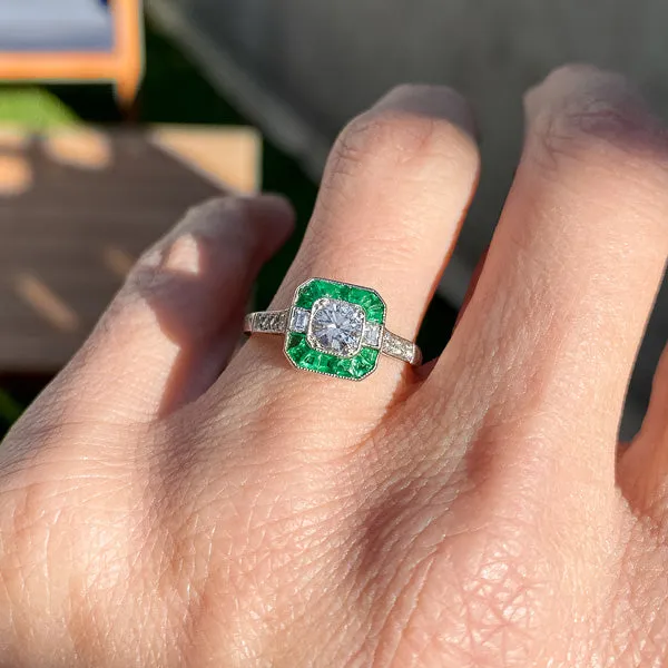 Art Deco Style Diamond & Emerald Engagement Ring, RBC 0.50ct.