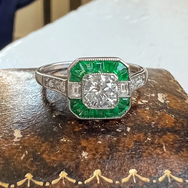 Art Deco Style Diamond & Emerald Engagement Ring, RBC 0.50ct.