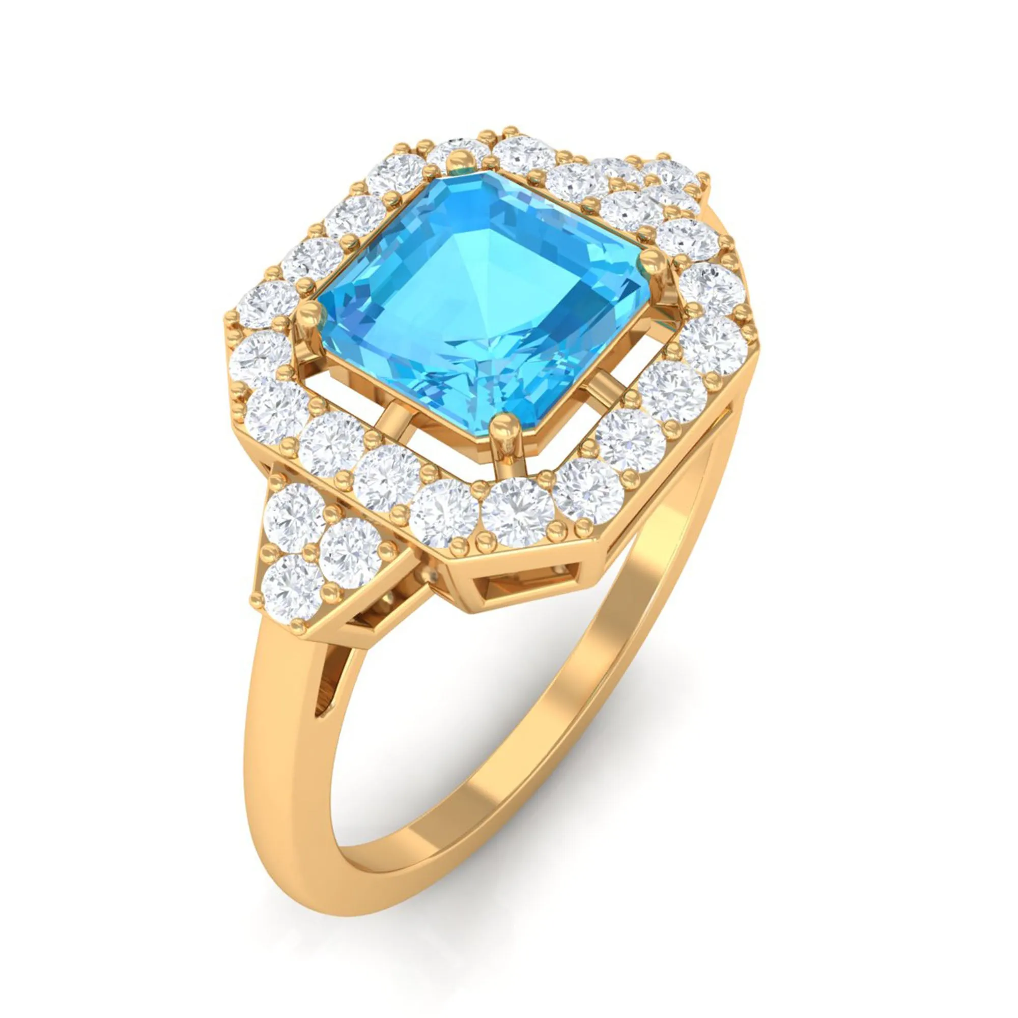 Asscher Cut Swiss Blue Topaz Engagement Ring with Diamond Halo