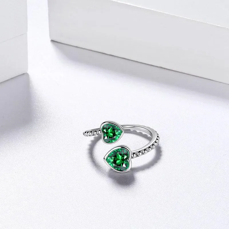 Birthstone May Emerald Love Hearts Ring Jewelry Women Girls Birthday Gift