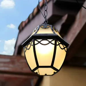 Black Birdcage Pendant Light with Cottage White Glass Shade - 1-Bulb Hanging Ceiling Fixture for Courtyard