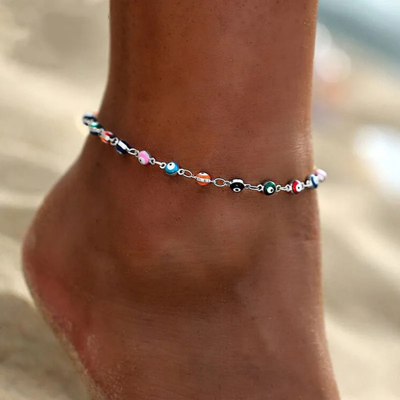 Bohemian Colorful Turkish Eyes Anklets for Women Butterfly Flower Zircon Shell Cat Ankle Bracelet Summer Beach Foot Leg Jewelry