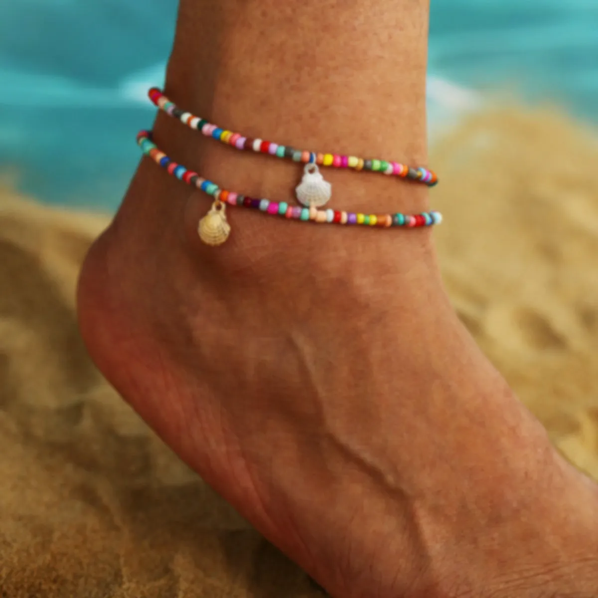 Boho Anklet Foot Colorful Beads Chain Shell Pendant Ankle