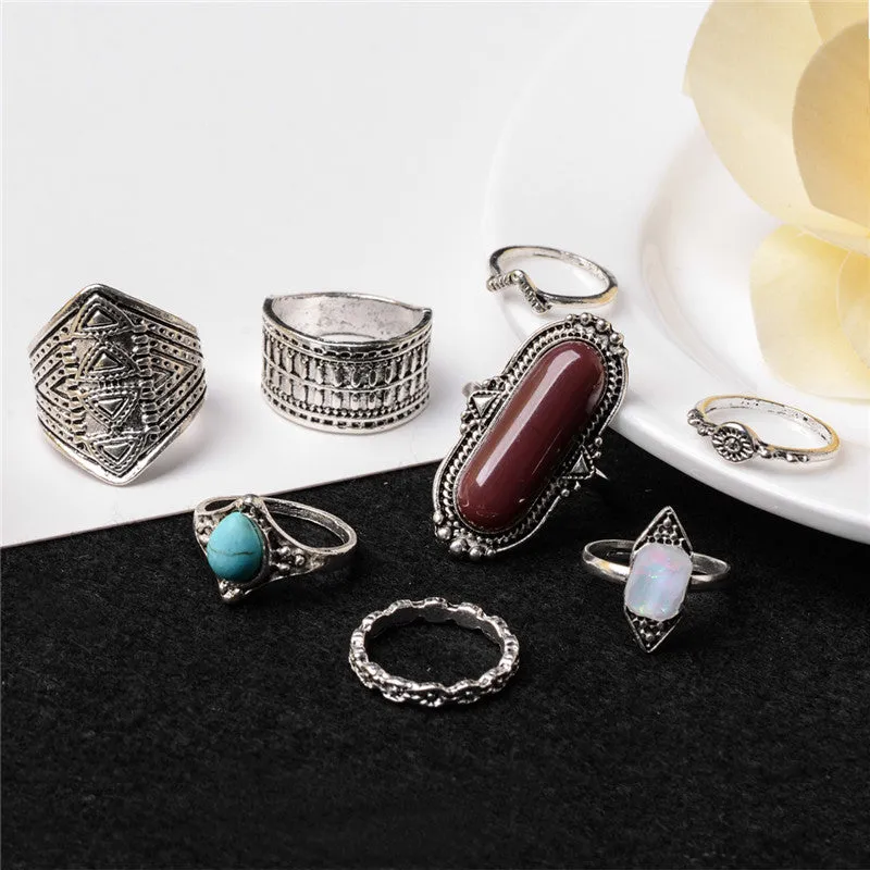 Boho Ring set. Turquoise stack Midi Rings - 8 pcs- 3 colours