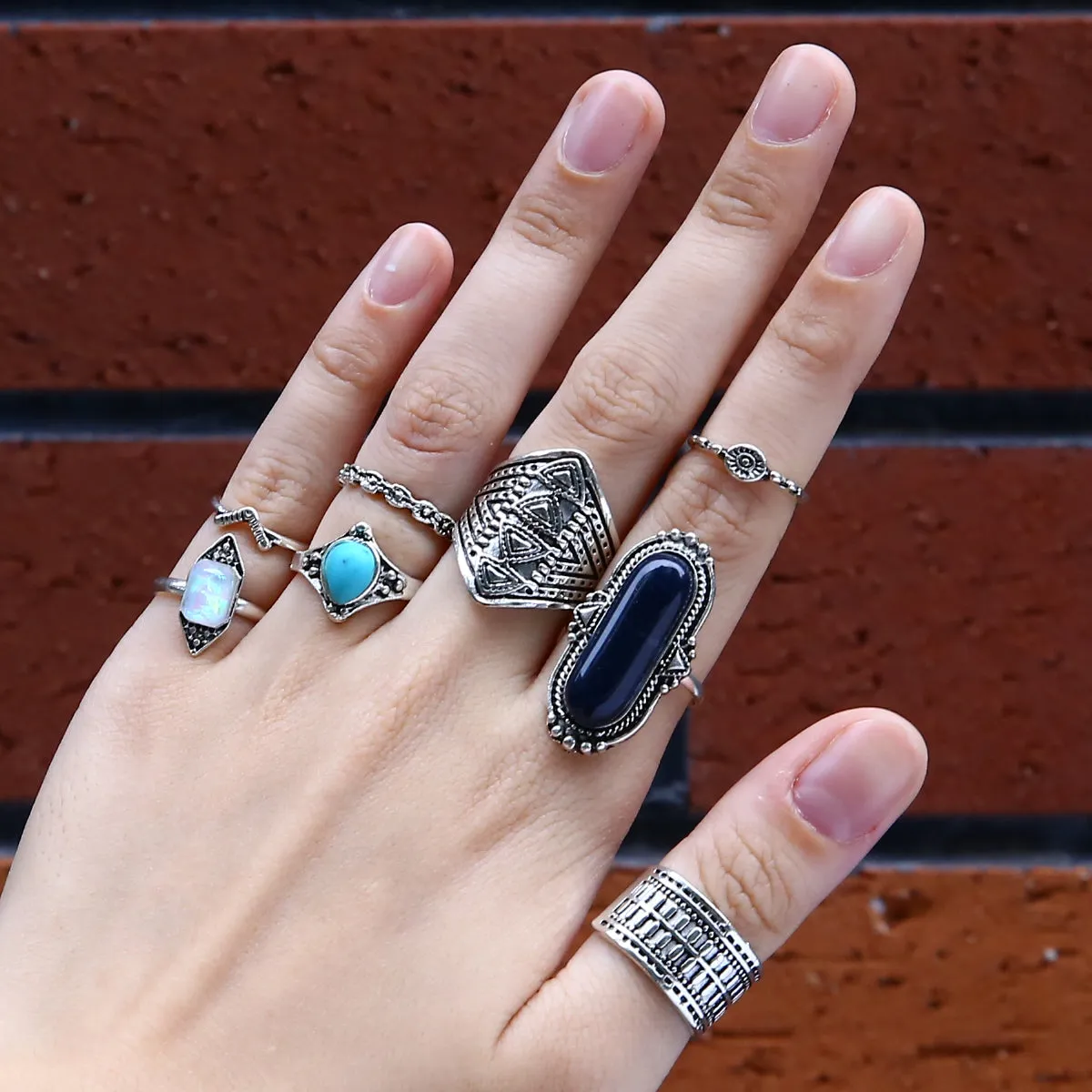 Boho Ring set. Turquoise stack Midi Rings - 8 pcs- 3 colours