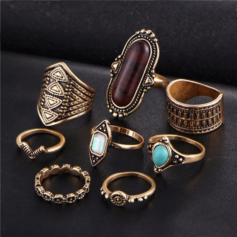 Boho Ring set. Turquoise stack Midi Rings - 8 pcs- 3 colours