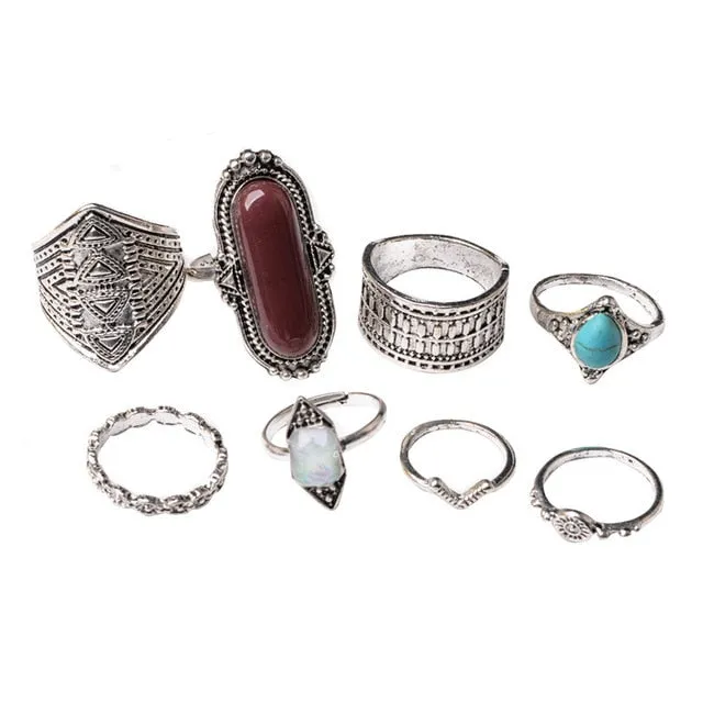 Boho Ring set. Turquoise stack Midi Rings - 8 pcs- 3 colours