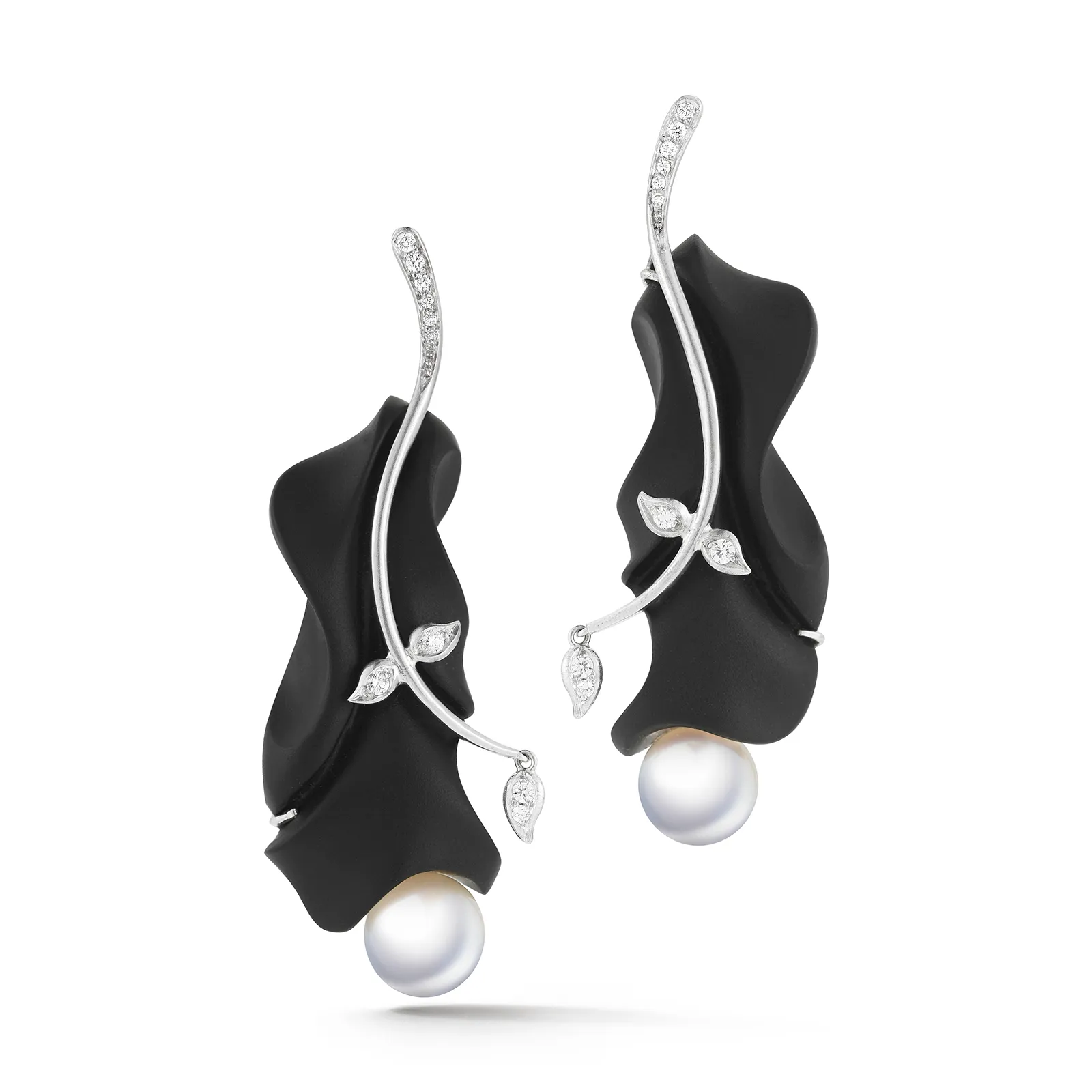 Carved Black Jade, Pearl and Diamond Vine Earrings  