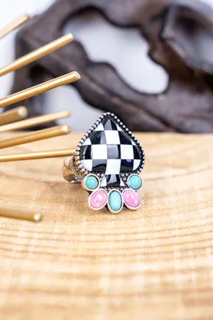 Checkered Turquoise and Pink Spade Silvertone Ring