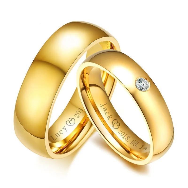 Classic Wedding Rings for Women Men Gold Colour Stainless Steel Couple Band Anniversary Personalized Ring