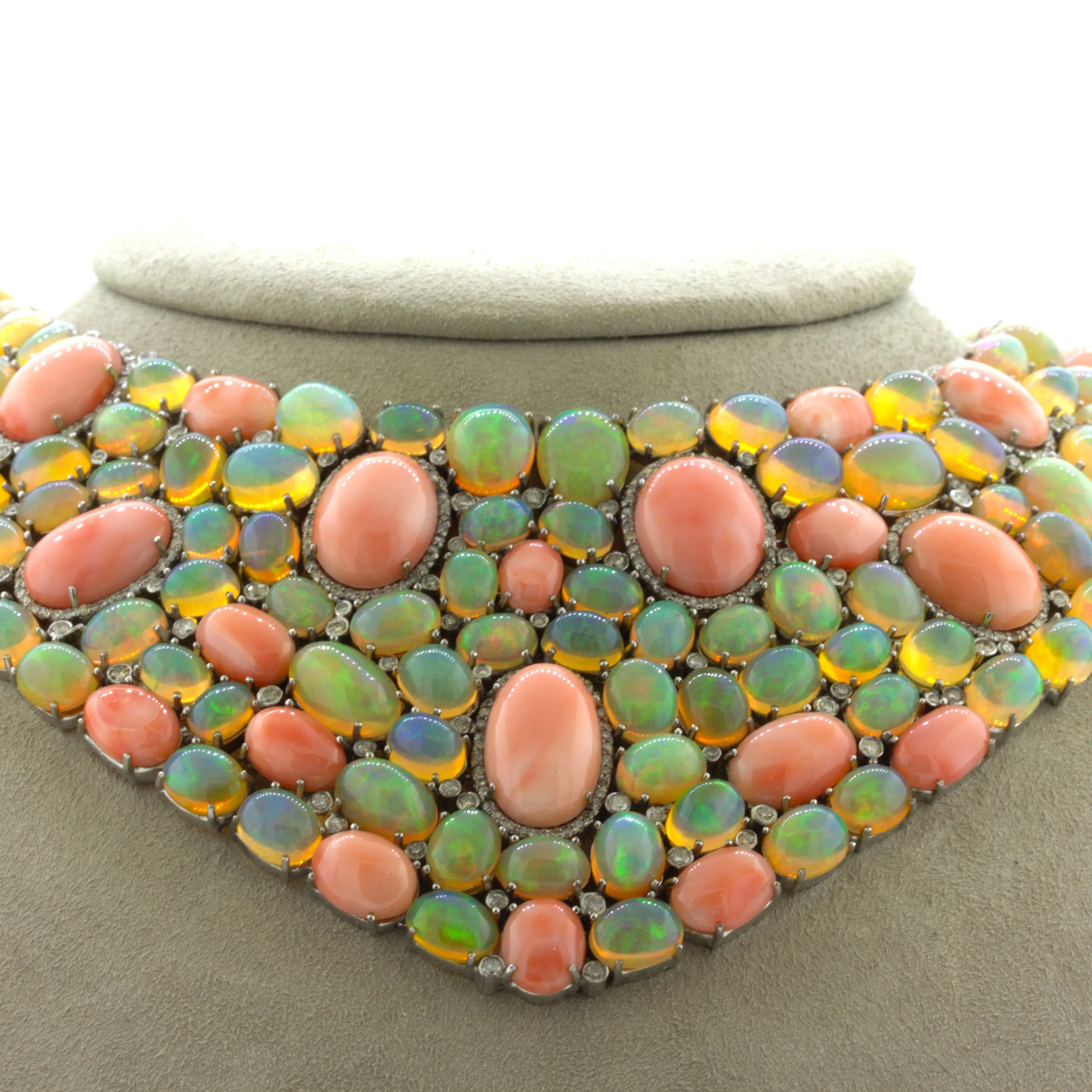 Coral Opal Diamond Sterling Silver Necklace