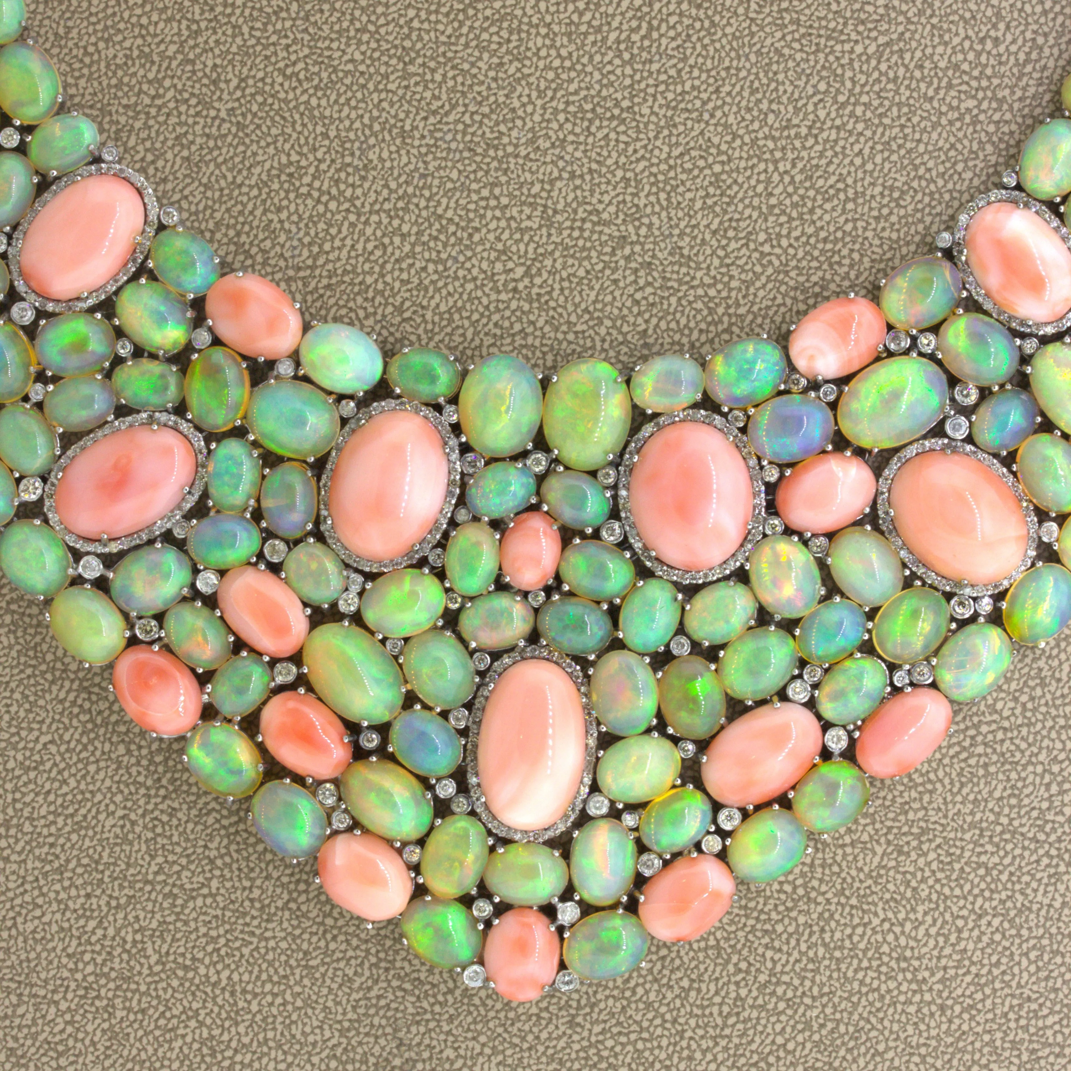 Coral Opal Diamond Sterling Silver Necklace