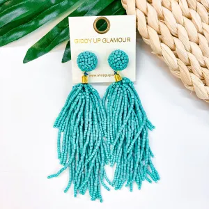 Crash My Party Seed Bead Tassel Earrings In Turquoise