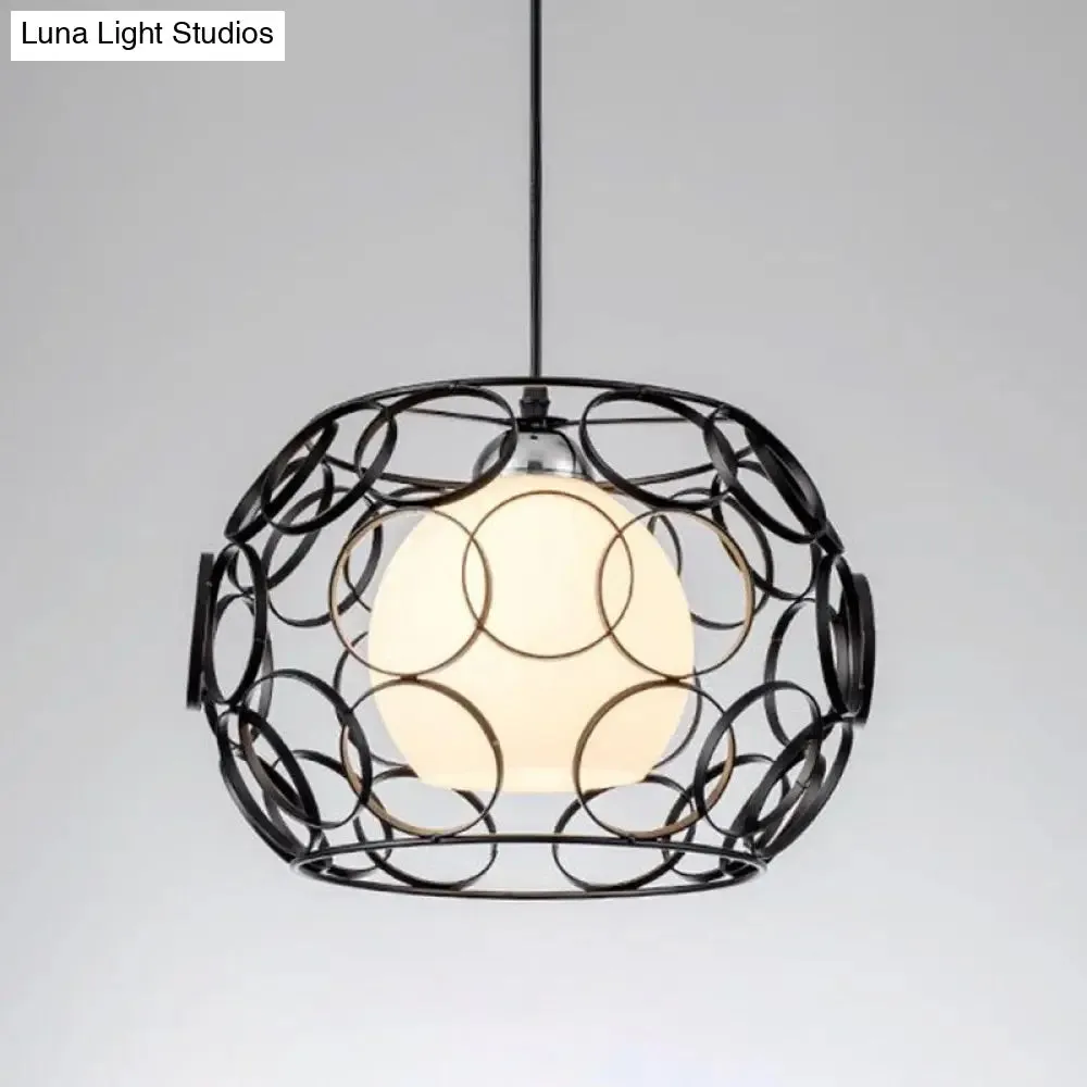 Cream Glass Industrial Pendant Light with Metallic Cage for Restaurants - Global Ceiling Hanging