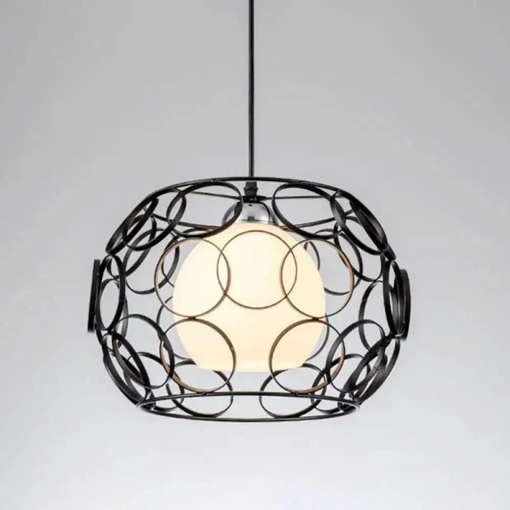 Cream Glass Industrial Pendant Light with Metallic Cage for Restaurants - Global Ceiling Hanging