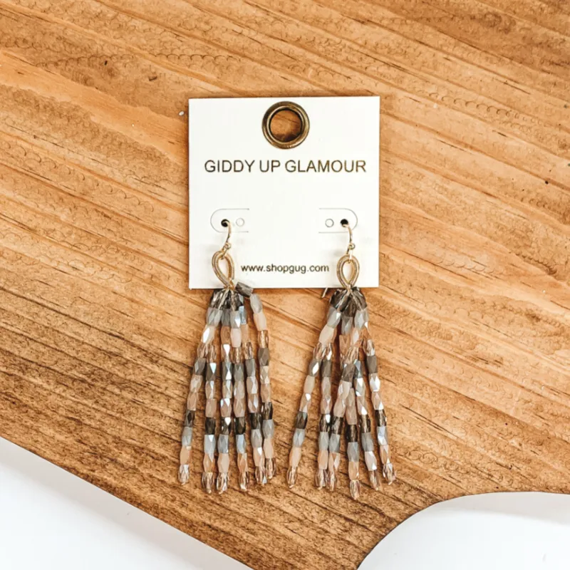 Crystal Beaded Tassel Earrings in Nude