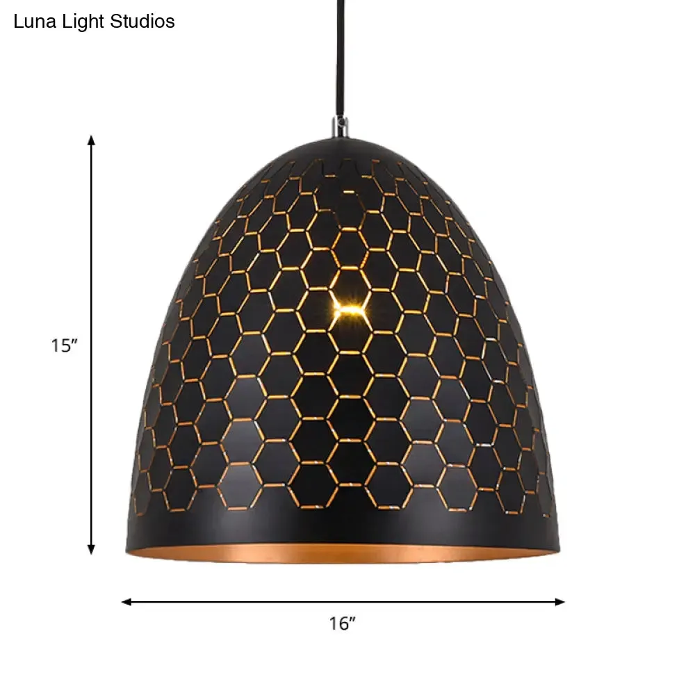 Domed Drop Pendant Light - Factory Black Metal Suspension with Honeycomb Pattern, 10"/12"/16" Wide