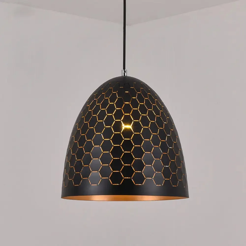 Domed Drop Pendant Light - Factory Black Metal Suspension with Honeycomb Pattern, 10"/12"/16" Wide