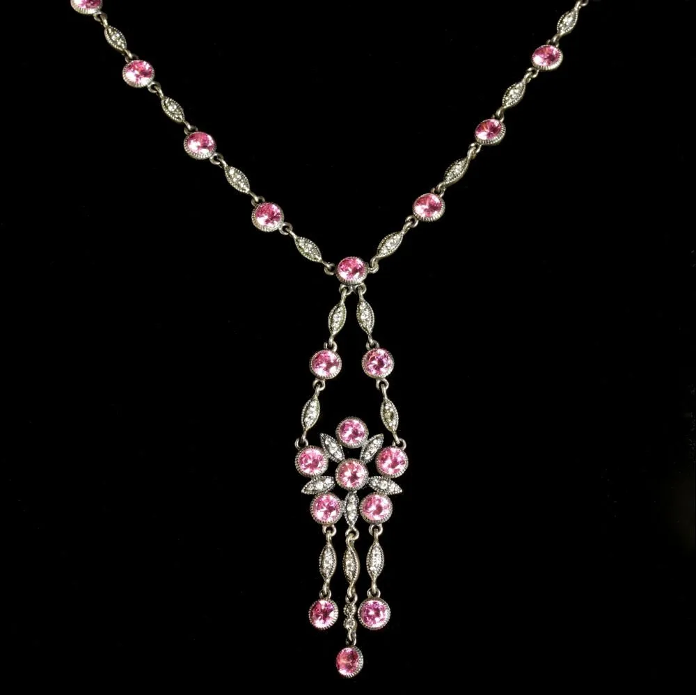 Edwardian Style Pink Paste Necklace Silver