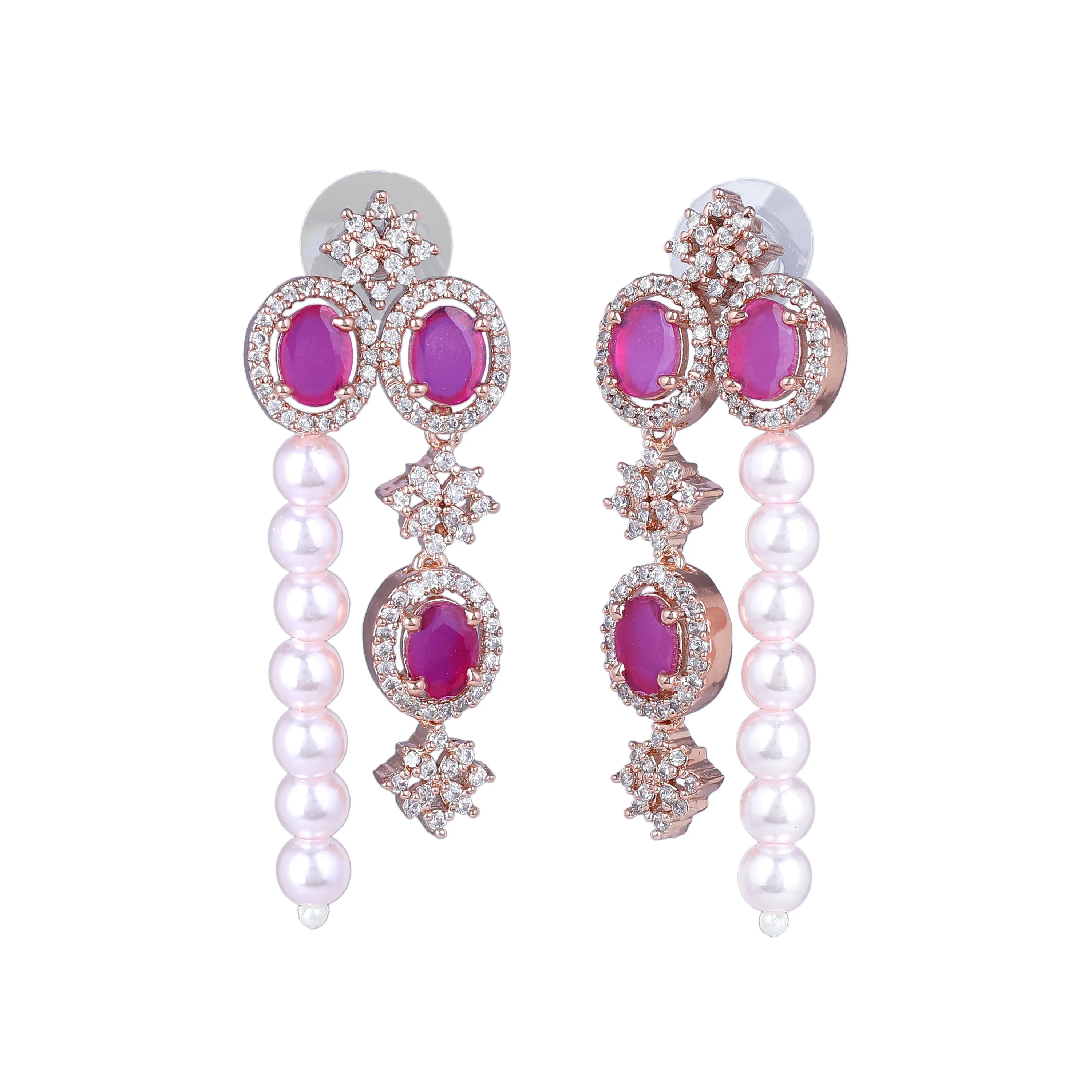 Estele Rose Gold Plated CZ Magnificent Earrings with Ruby Stones & Pearls for Women