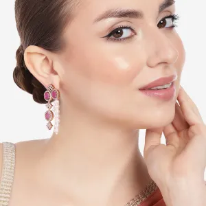 Estele Rose Gold Plated CZ Magnificent Earrings with Ruby Stones & Pearls for Women