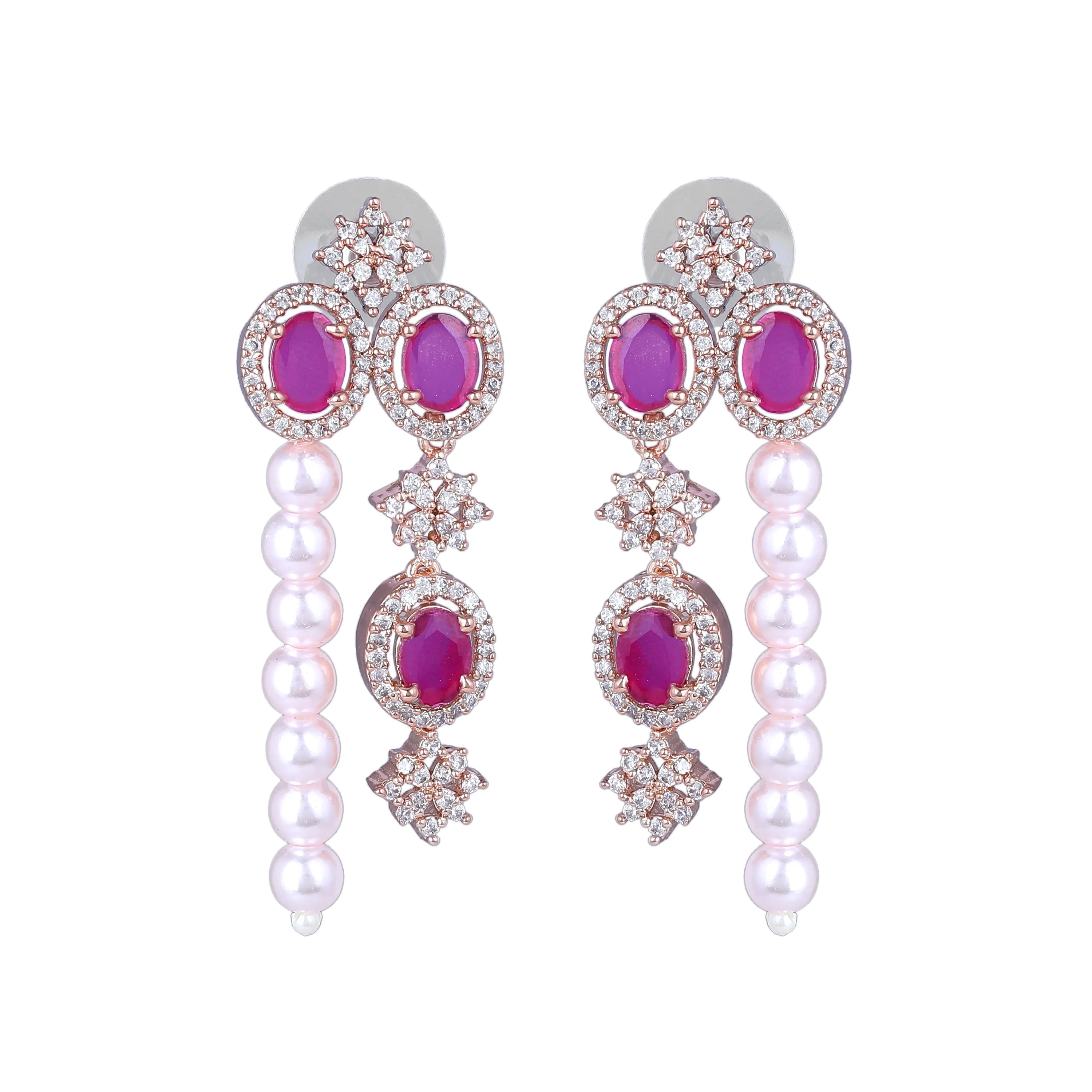 Estele Rose Gold Plated CZ Magnificent Earrings with Ruby Stones & Pearls for Women