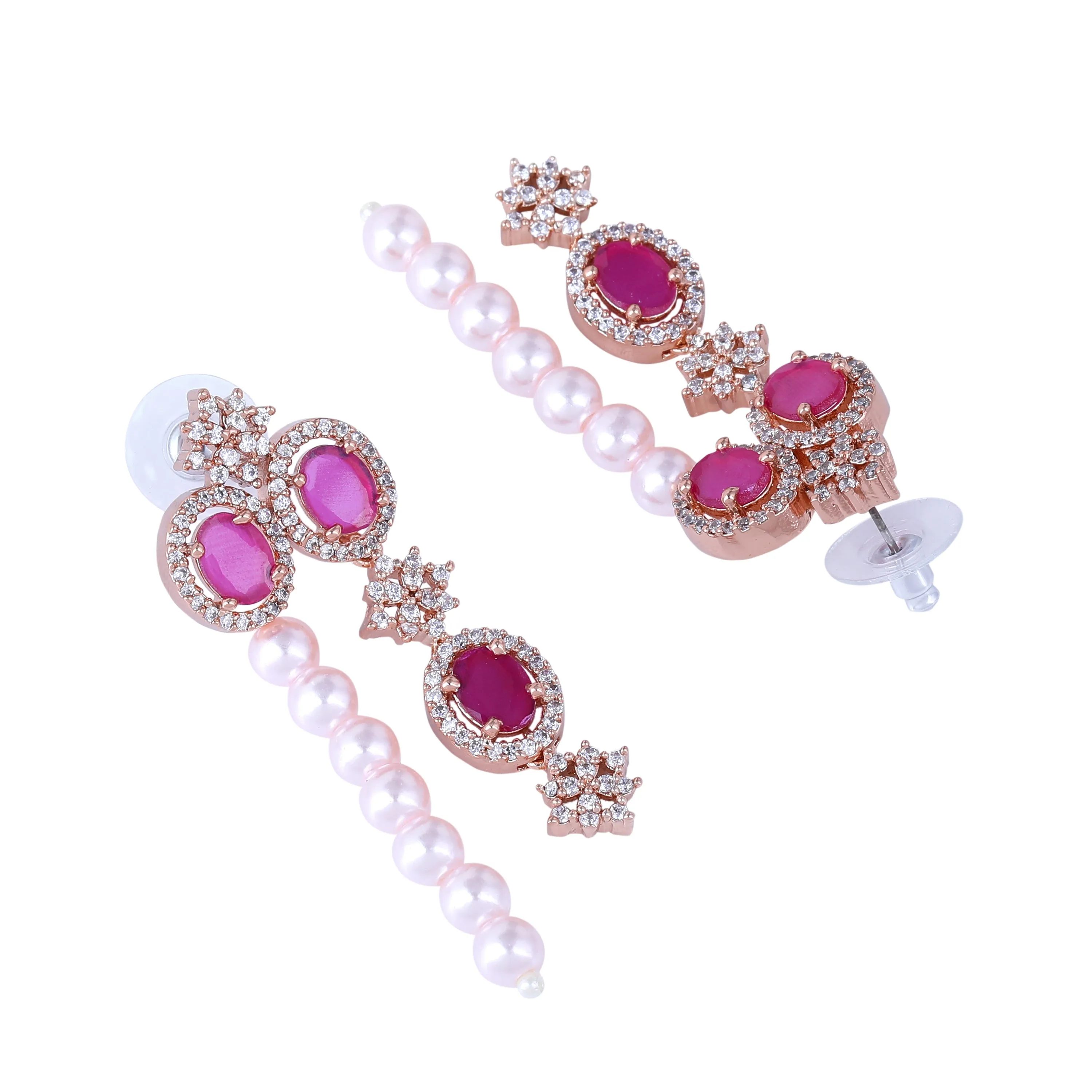 Estele Rose Gold Plated CZ Magnificent Earrings with Ruby Stones & Pearls for Women