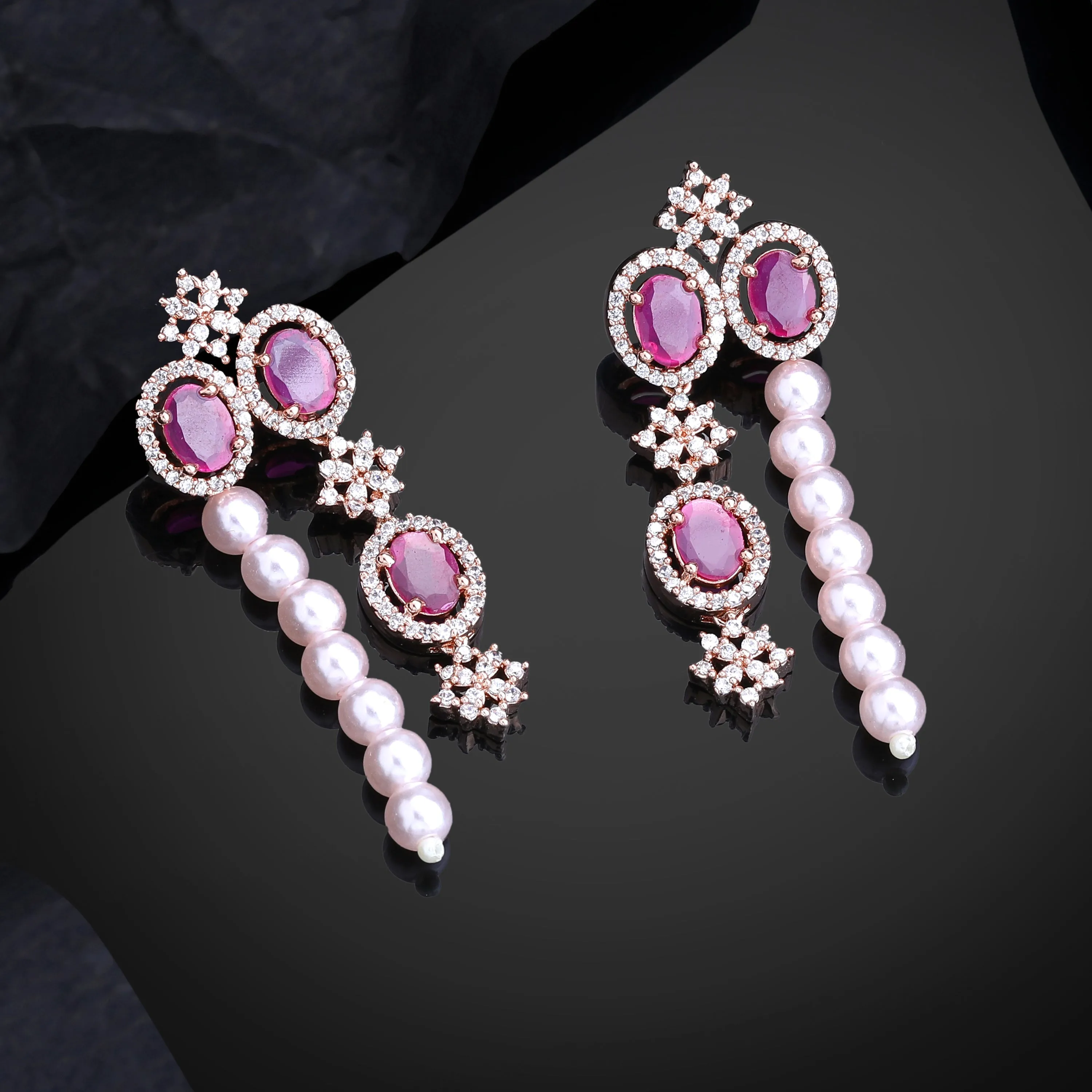 Estele Rose Gold Plated CZ Magnificent Earrings with Ruby Stones & Pearls for Women