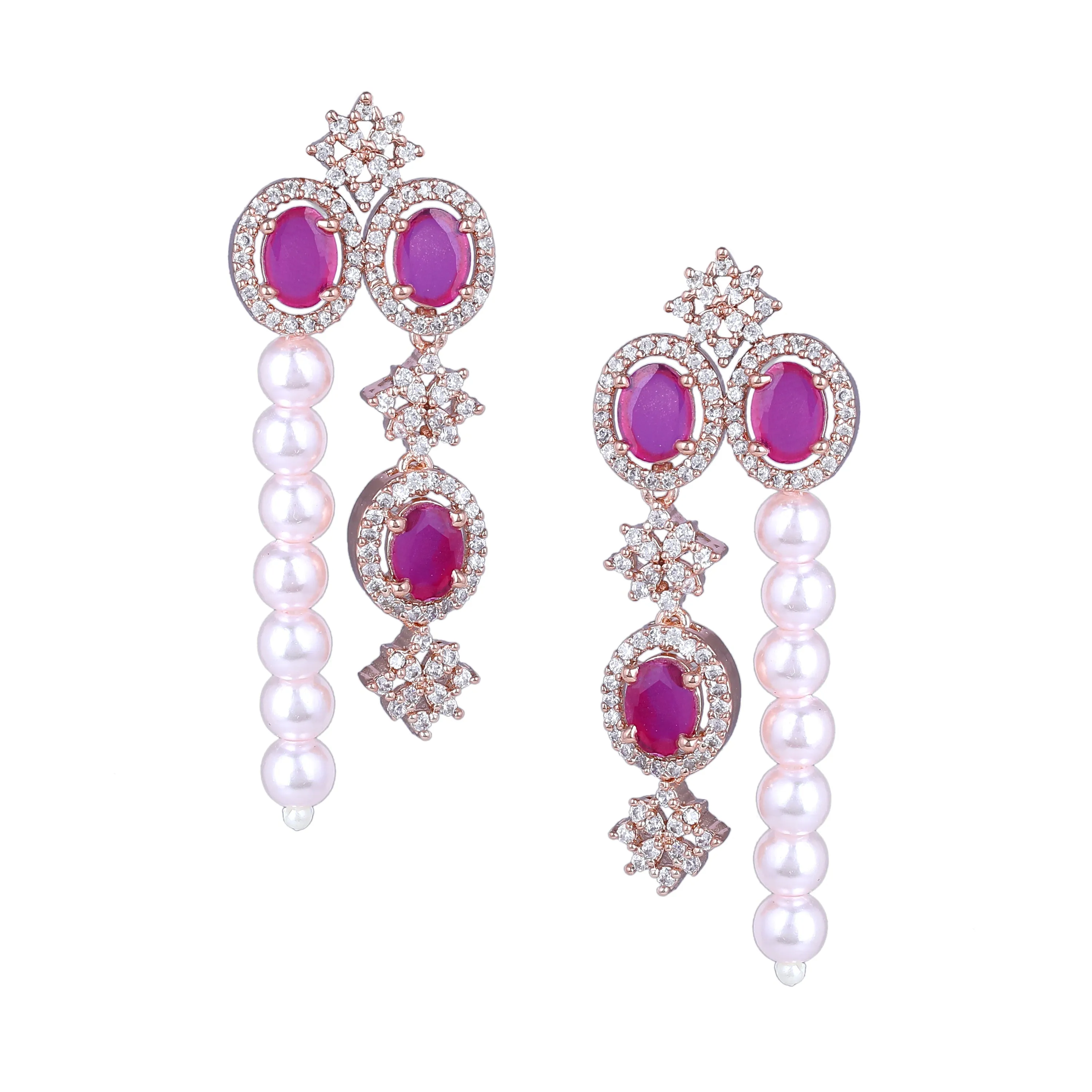 Estele Rose Gold Plated CZ Magnificent Earrings with Ruby Stones & Pearls for Women