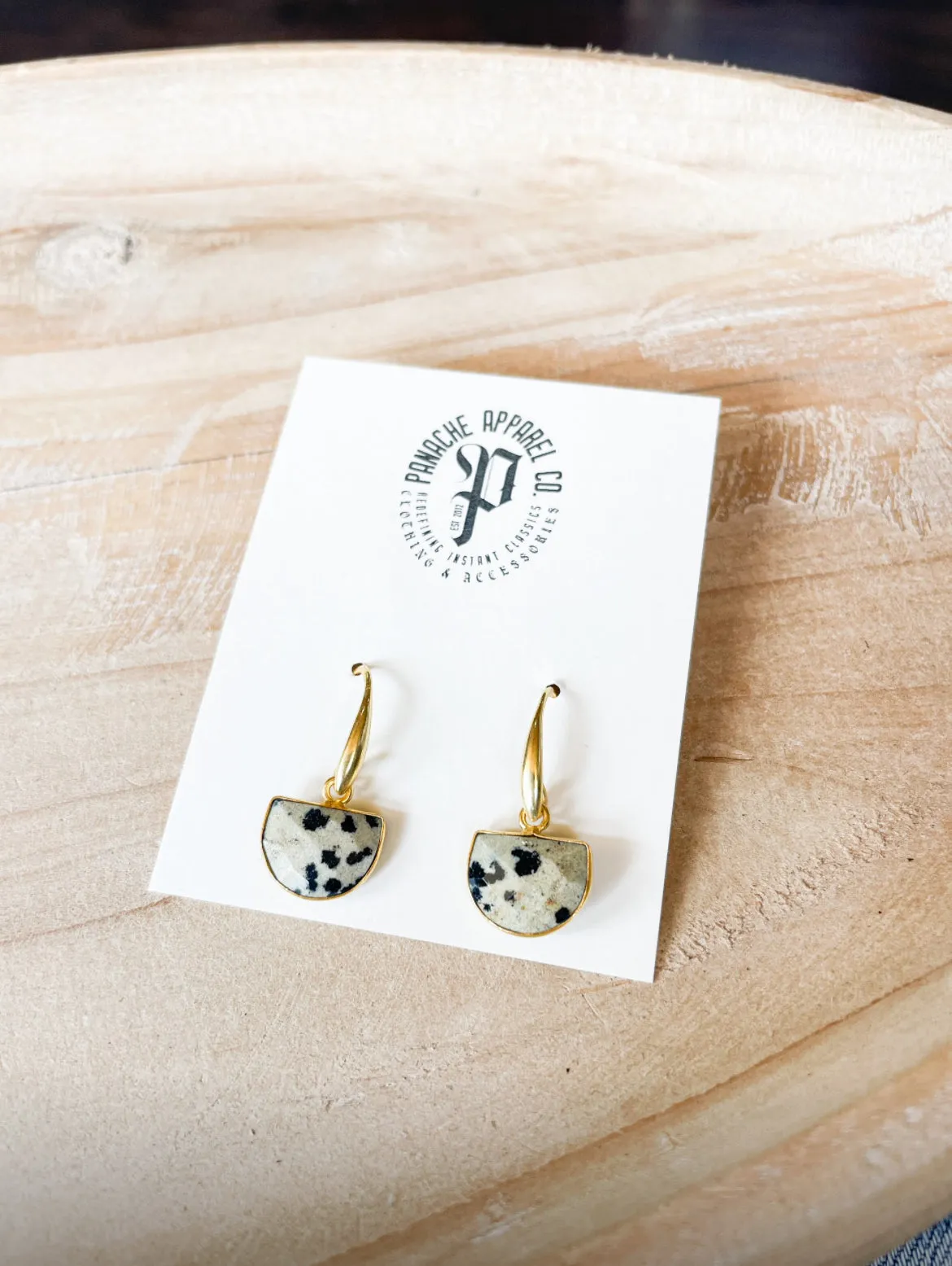 Gold Dangle Earrings with Dalmatian Stone