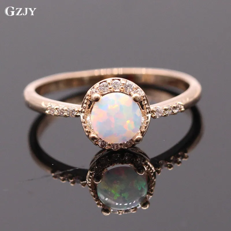 GZJY Beautiful Cute Simple Round Jewelry White Fire Opal Zircon Champagne Gold Color Ring For Women Wholesale