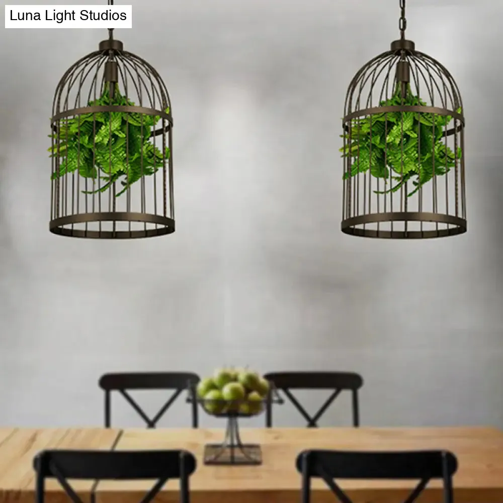 Industrial Black Iron Pendulum Birdcage Lamp with Artificial Plant - Single-Bulb Hanging Light