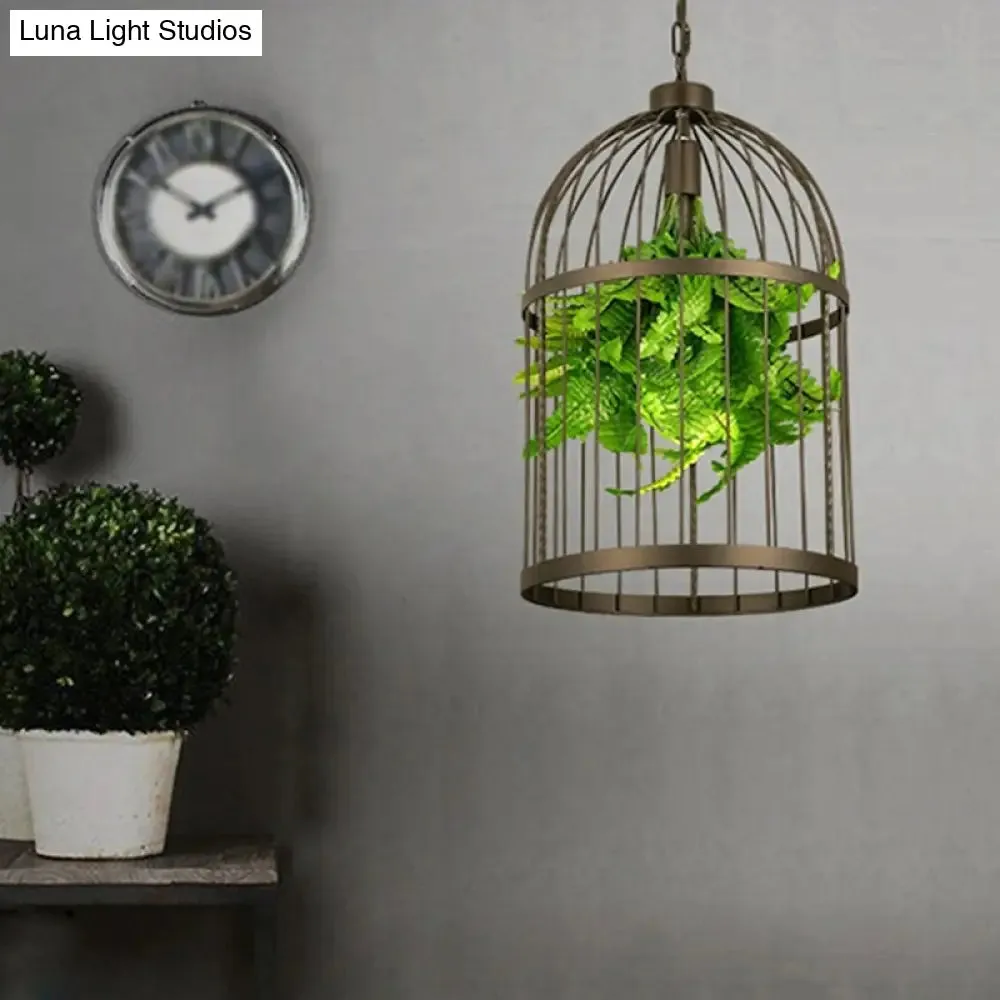 Industrial Black Iron Pendulum Birdcage Lamp with Artificial Plant - Single-Bulb Hanging Light